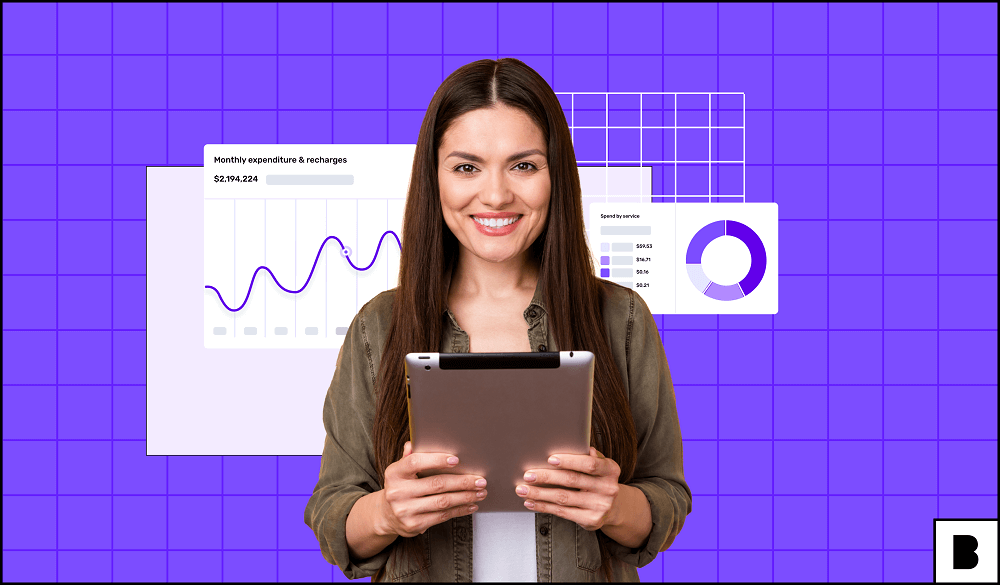 Mobile app analytics illustration with a woman holding tablet in hand