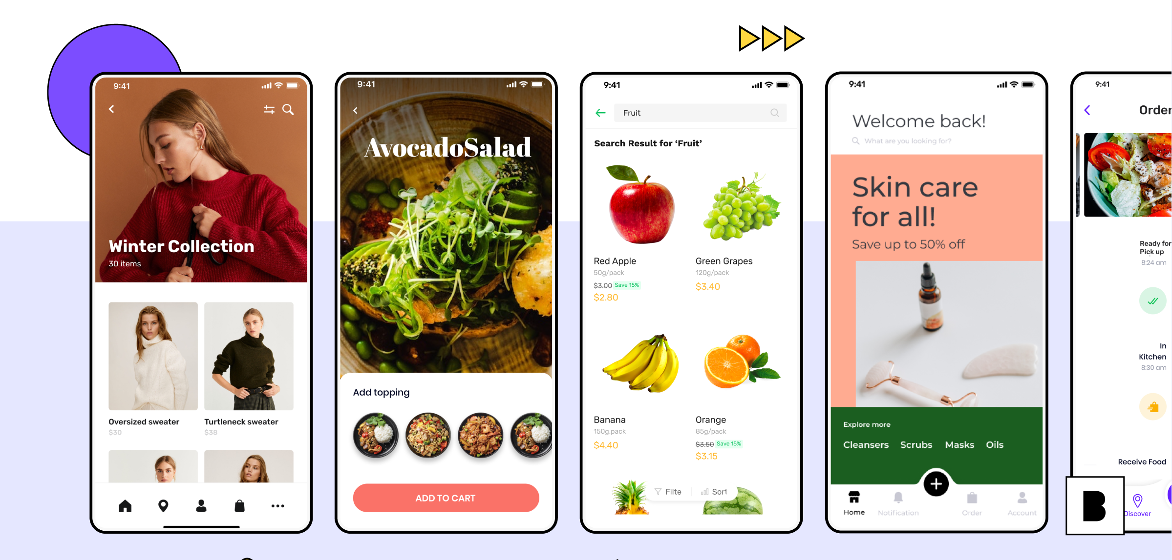 Mobile app screens for ecommerce and grocery delivery app