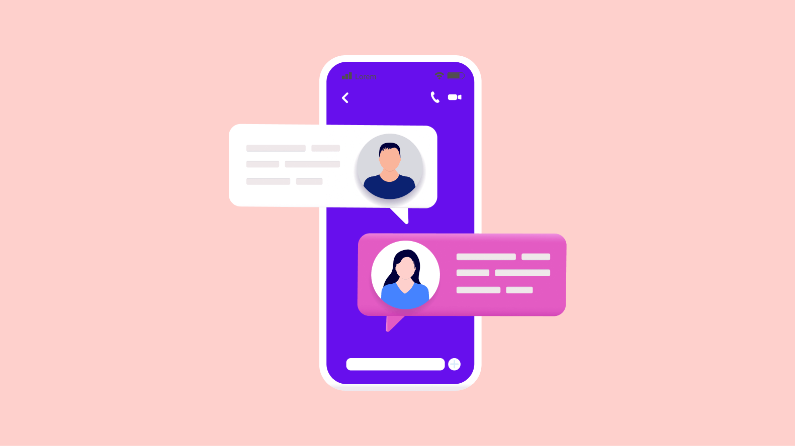 An illustration of a mobile phone with a messaging app interface displayed on the screen. The app shows two chat bubbles, one from a sender represented by a generic person icon and the other from a recipient with long hair, indicating an ongoing text conversation.
