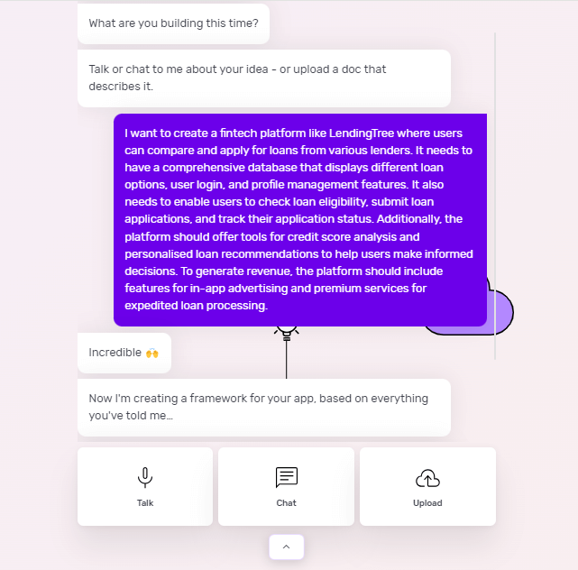 Screenshot of the Builder Studio dashboard highlights Natasha's chat screen where a user tries to build a fintech app like LendingTree.