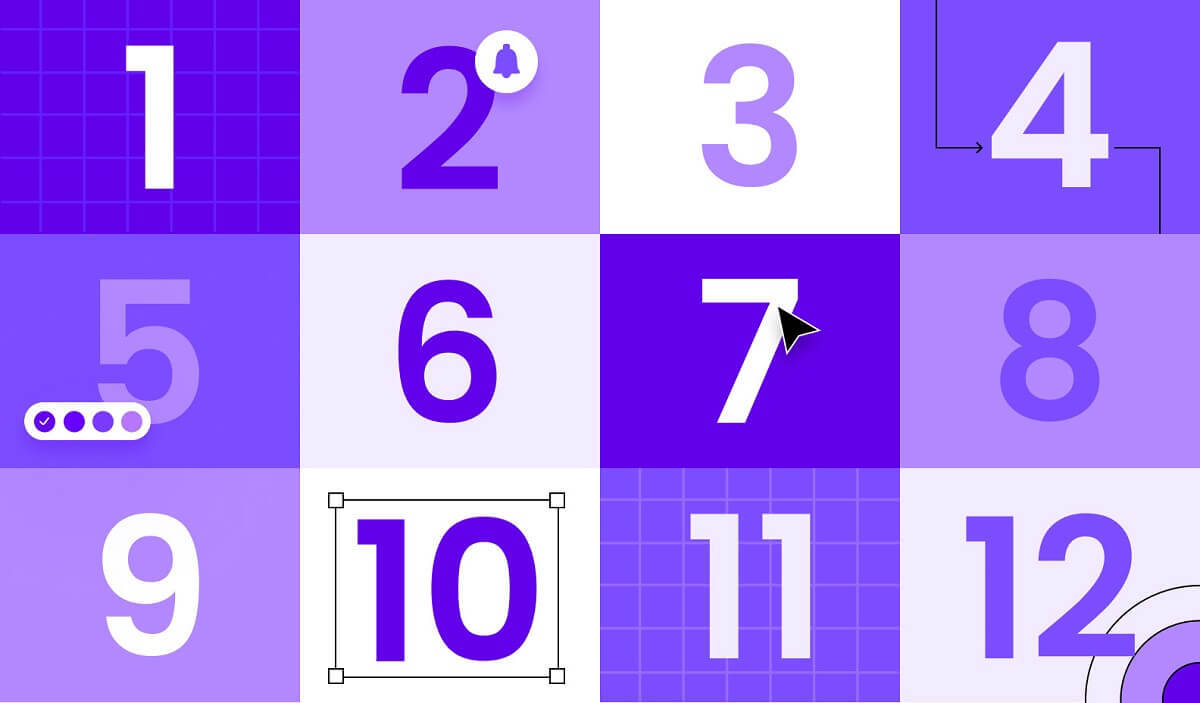 Numbers from one to twelve with app design elements