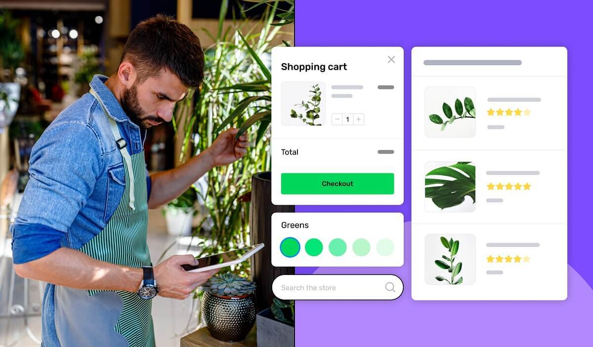 Nurseryman working in his plant nursery having a mobile app screen for online plant delivery in the background