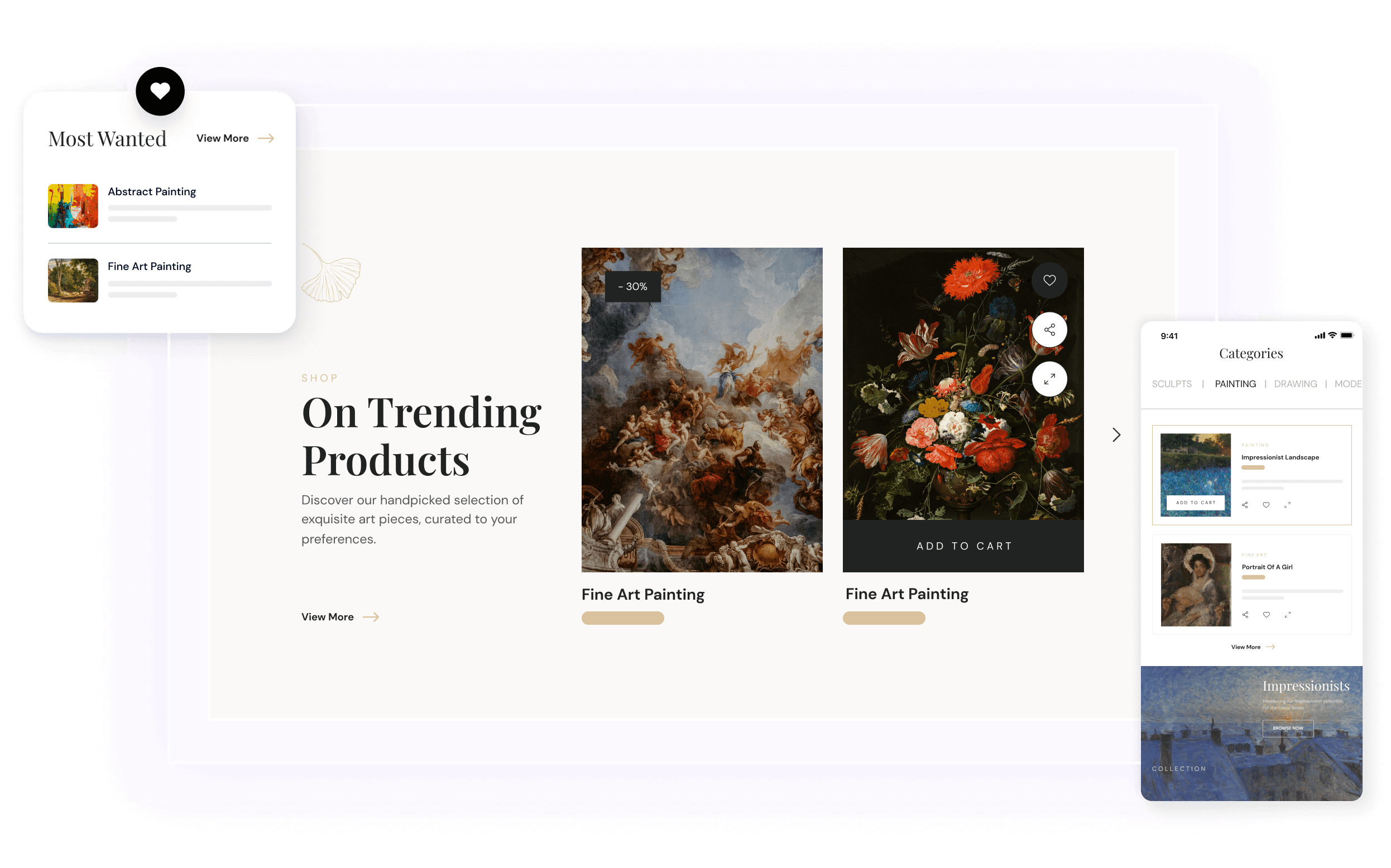 A sleek and modern online art gallery store webpage displays trending products, creating an appealing shopping experience for potential customers.
