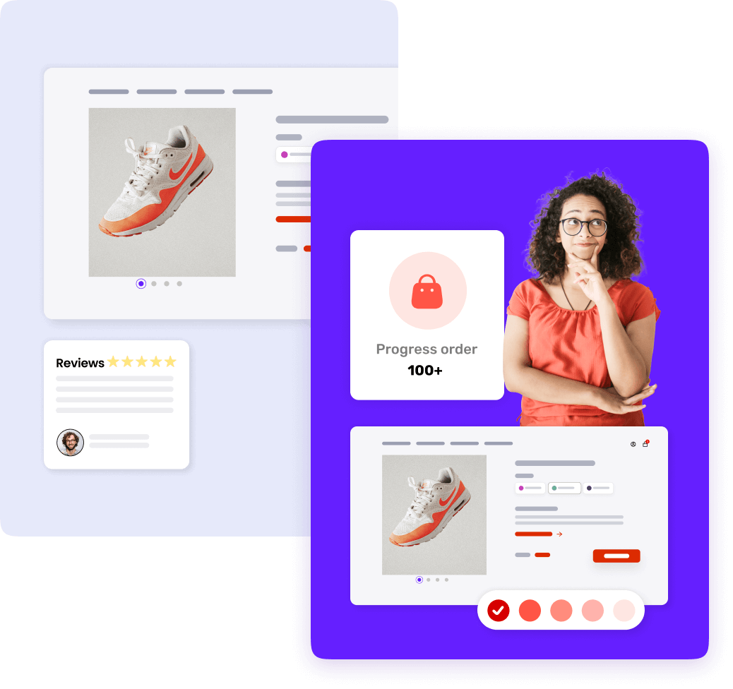 A collage featuring a person, contemplating an online shopping interface displaying a pair of sneakers, customer reviews, and order progress.
