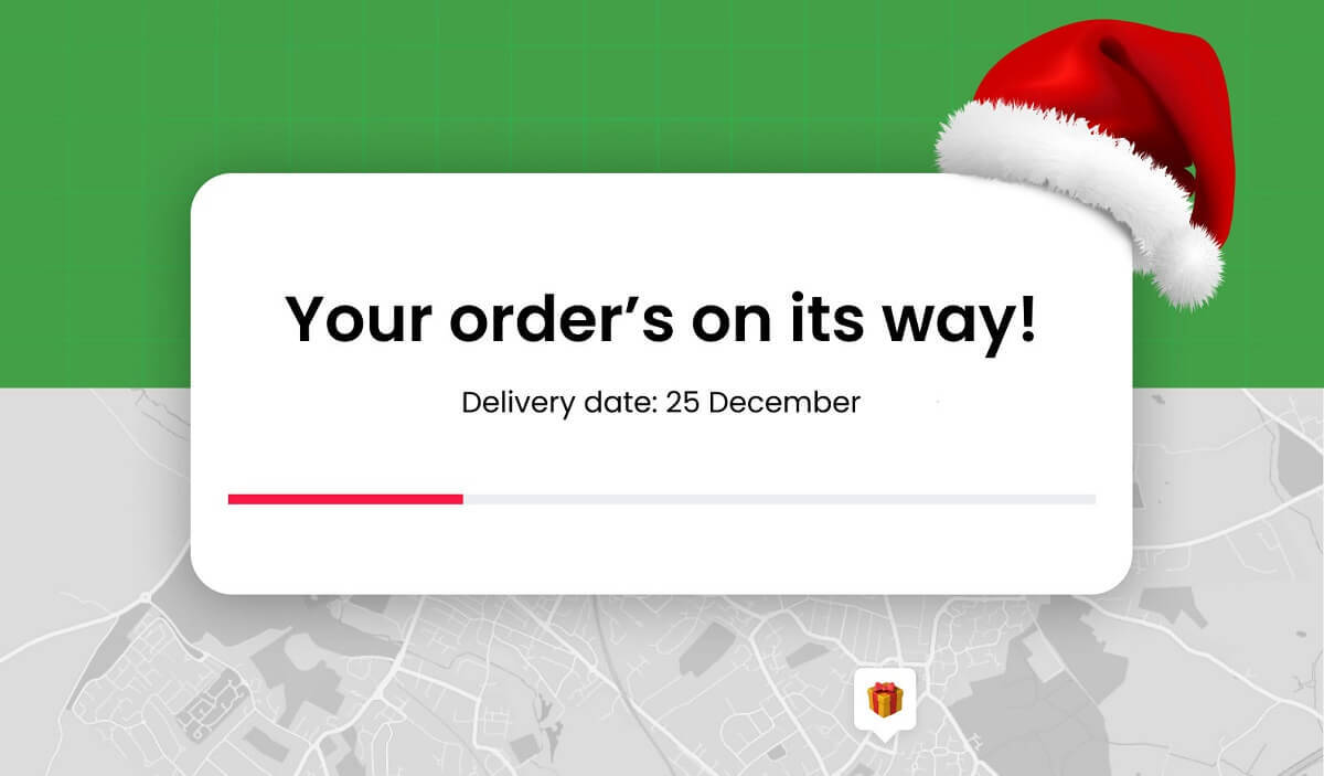 Order status screen with tentative delivery date having Santa cap in background