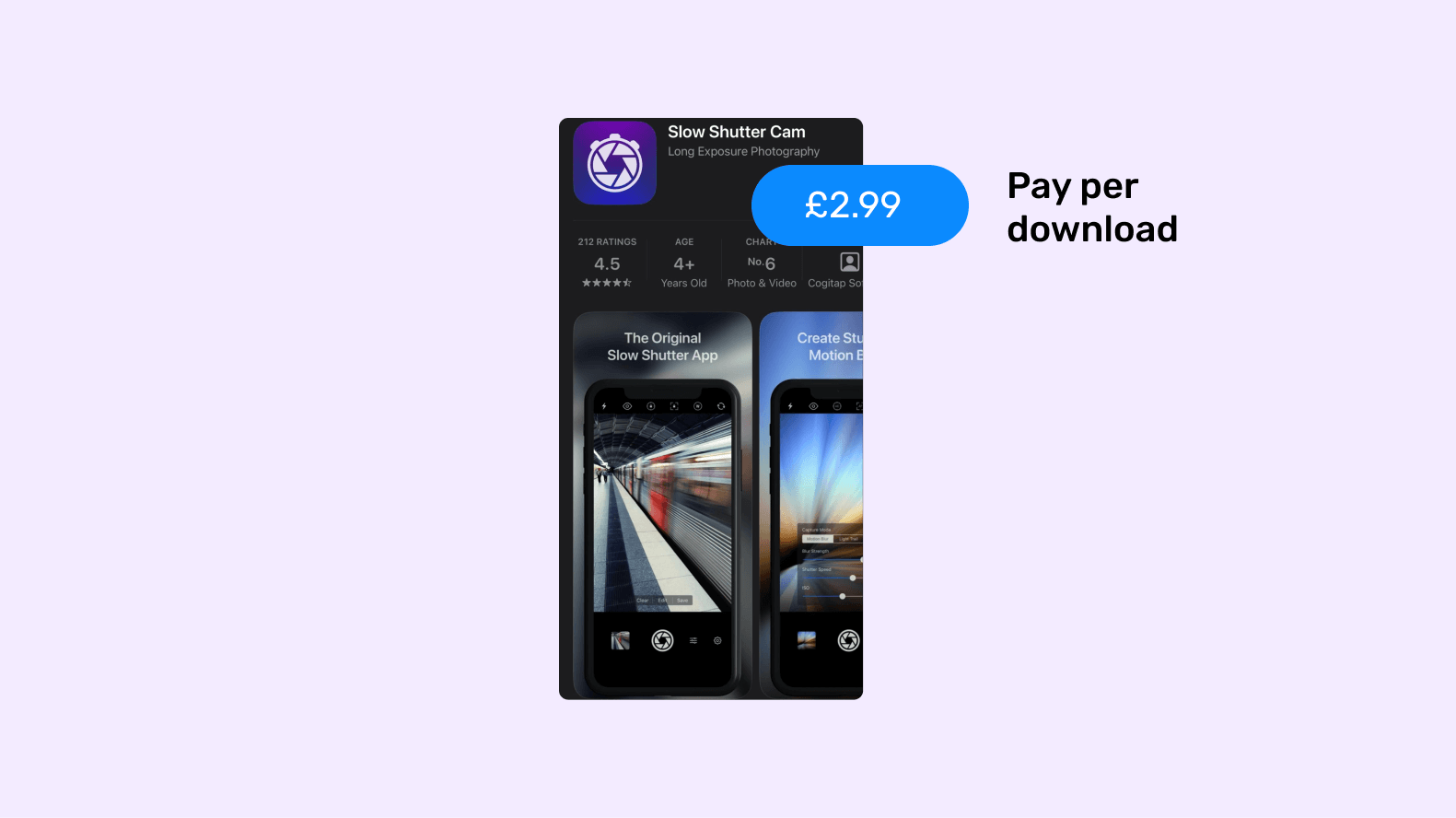A concept of pay-per-download (PPD) app monetization model highlighting Slow Shutter Cam app listing