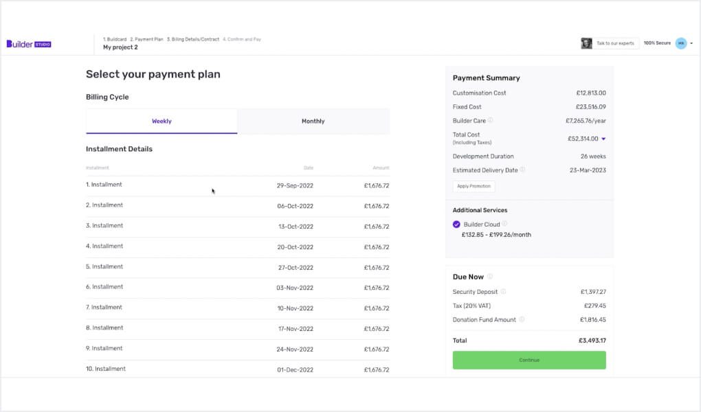 Builder Studio payment plan dashboard screen