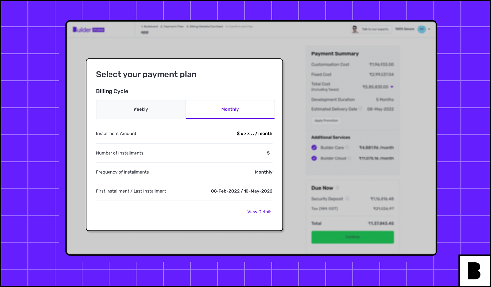 Select your payment plan screen - Builder Studio