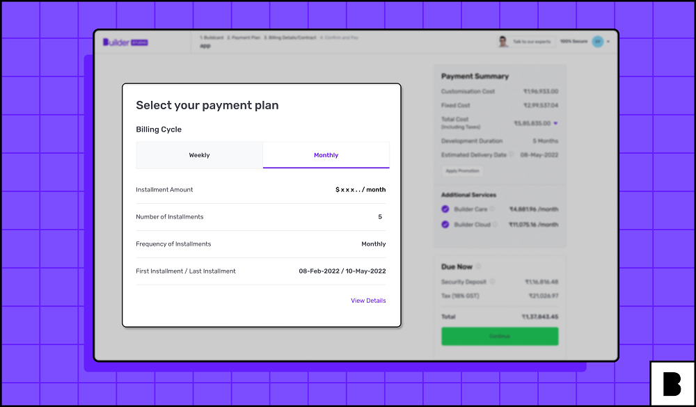 Builder Studio payment screen