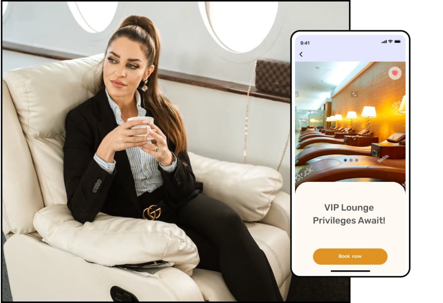 A concept of private jet bookings & VIP services depicting an app screen featuring a passenger in the background
