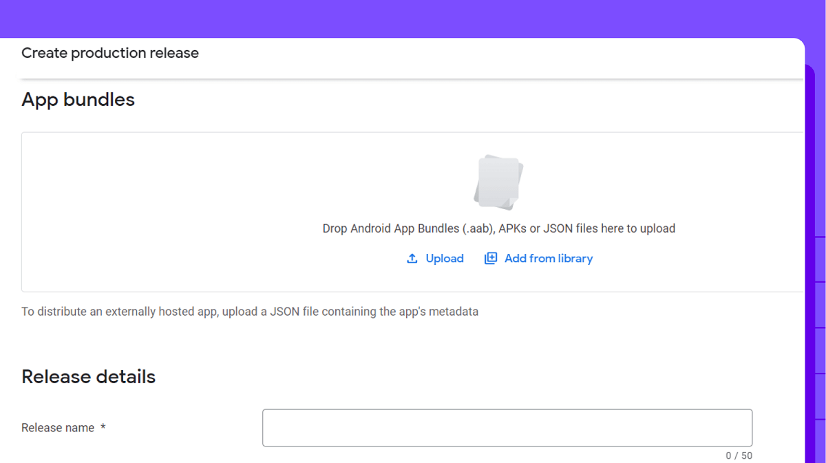 Google Play console screen to upload a APK file