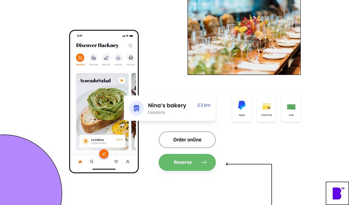 Restaurant app with a dinning table and payment icons