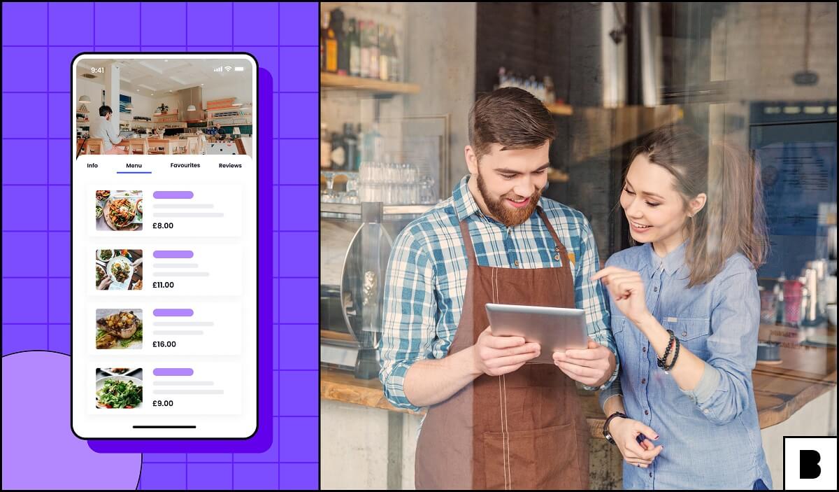 Restaurant owners having mobile app screen