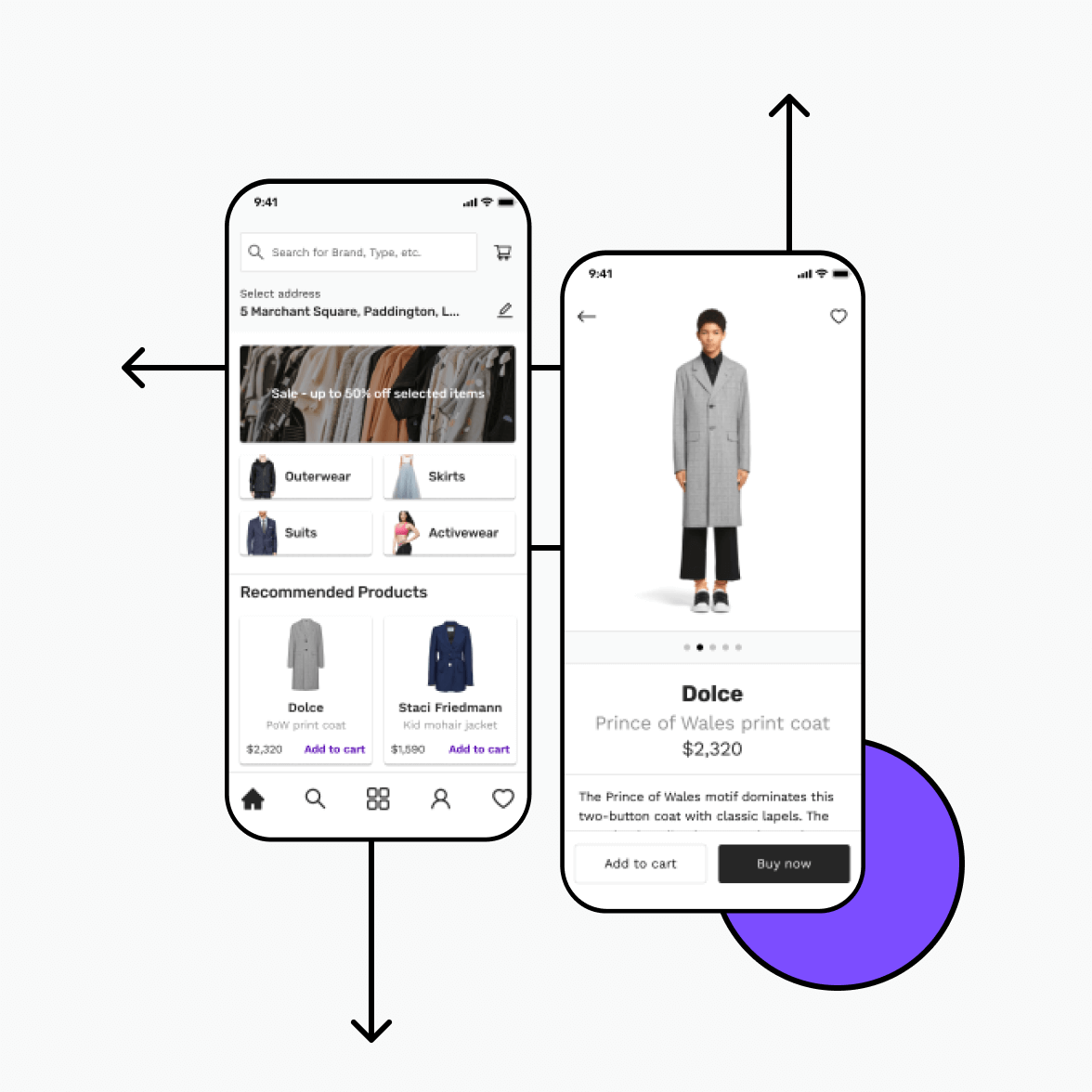 Retail app screens with categories and product details