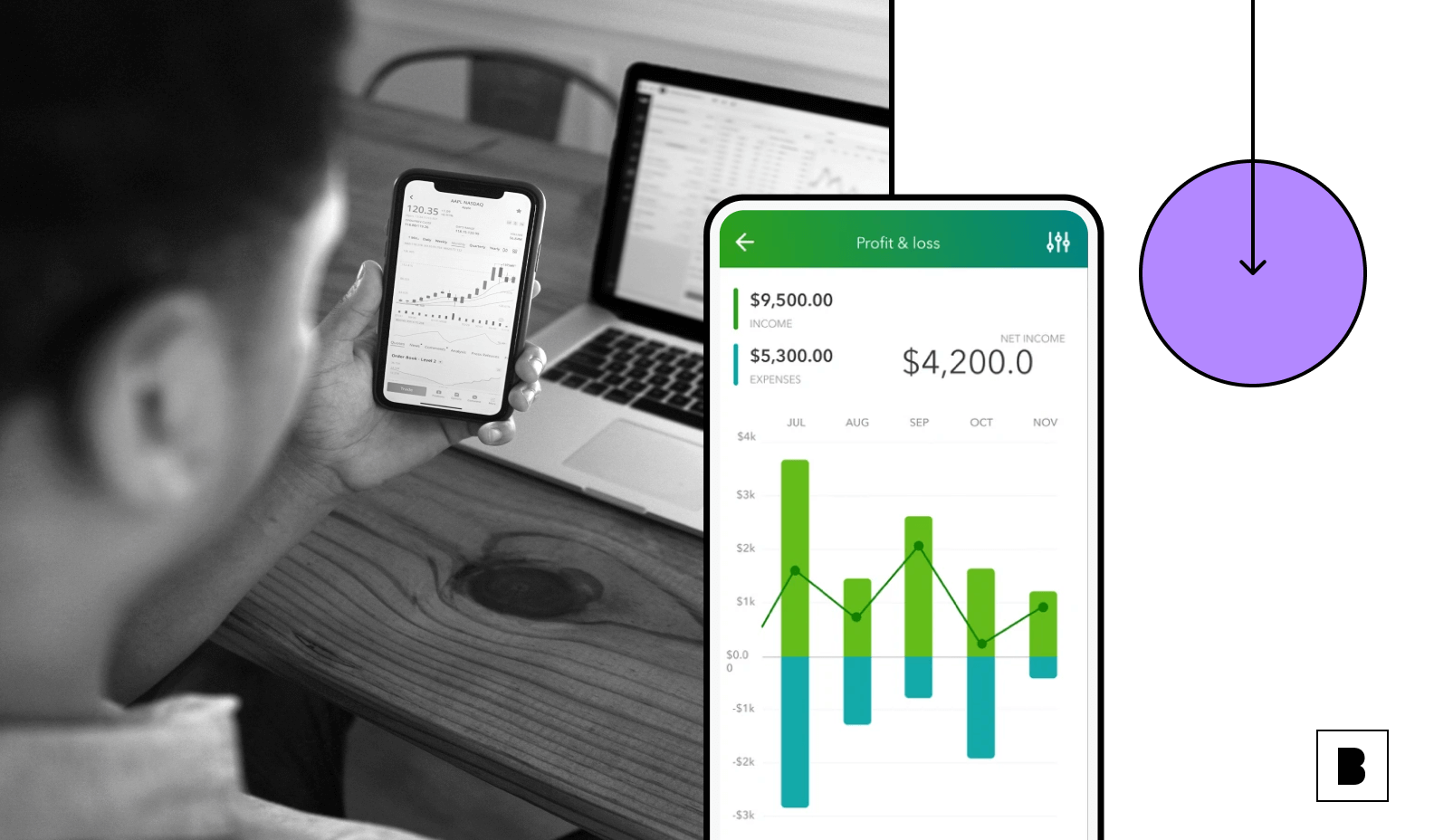 App screen with revenue dashboard