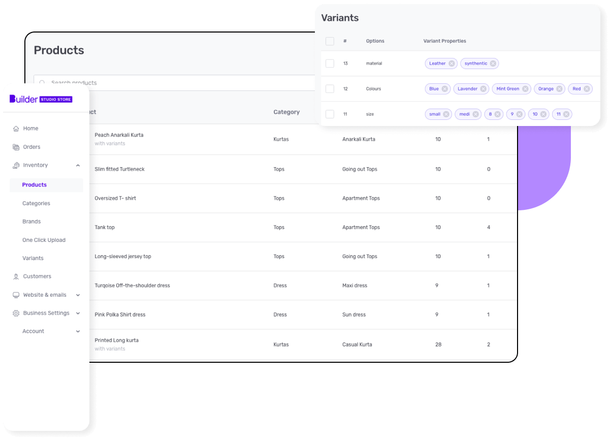 Studio Store inventory dashboard displaying a table of inventory