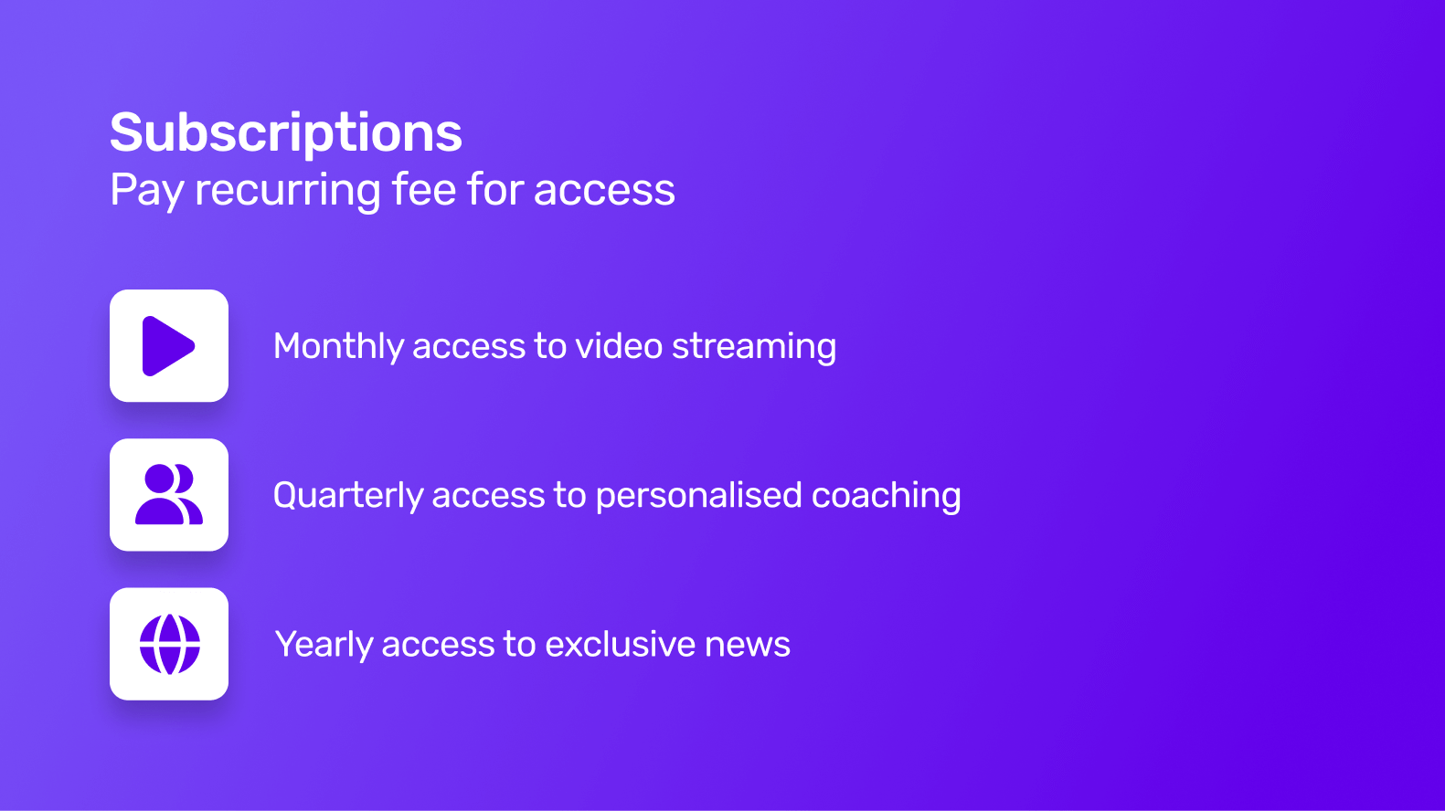 Subscription (pay a recurring fee for access) as a type of in-app purchase, listing monthly access to video streaming, quarterly access to personalised coaching and yearly access to exclusive news stories