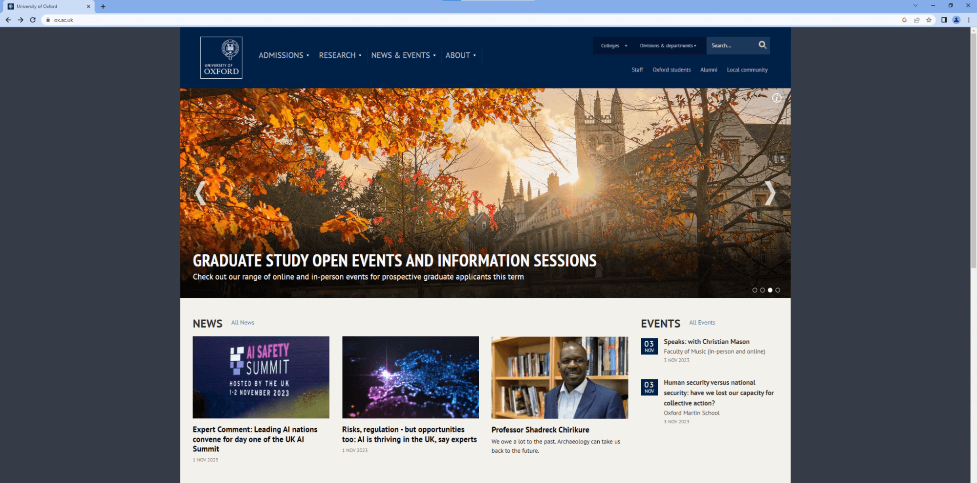 Oxford university website home page screen