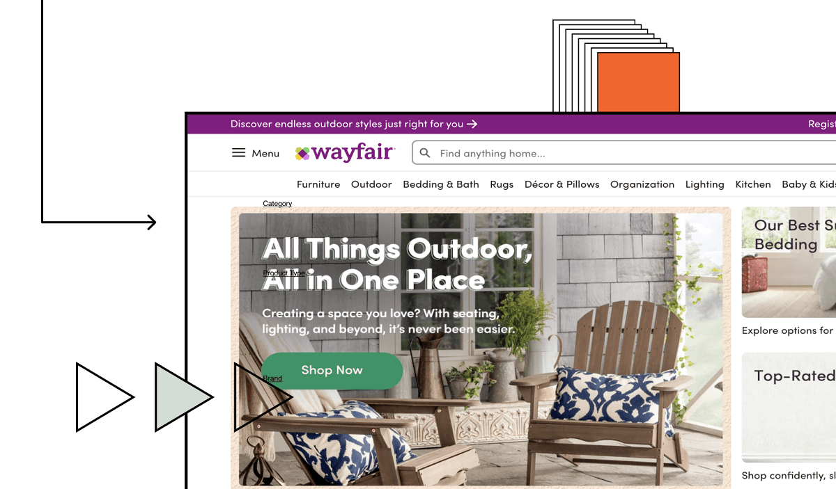 Wayfair website screen grab with design illustrations in background