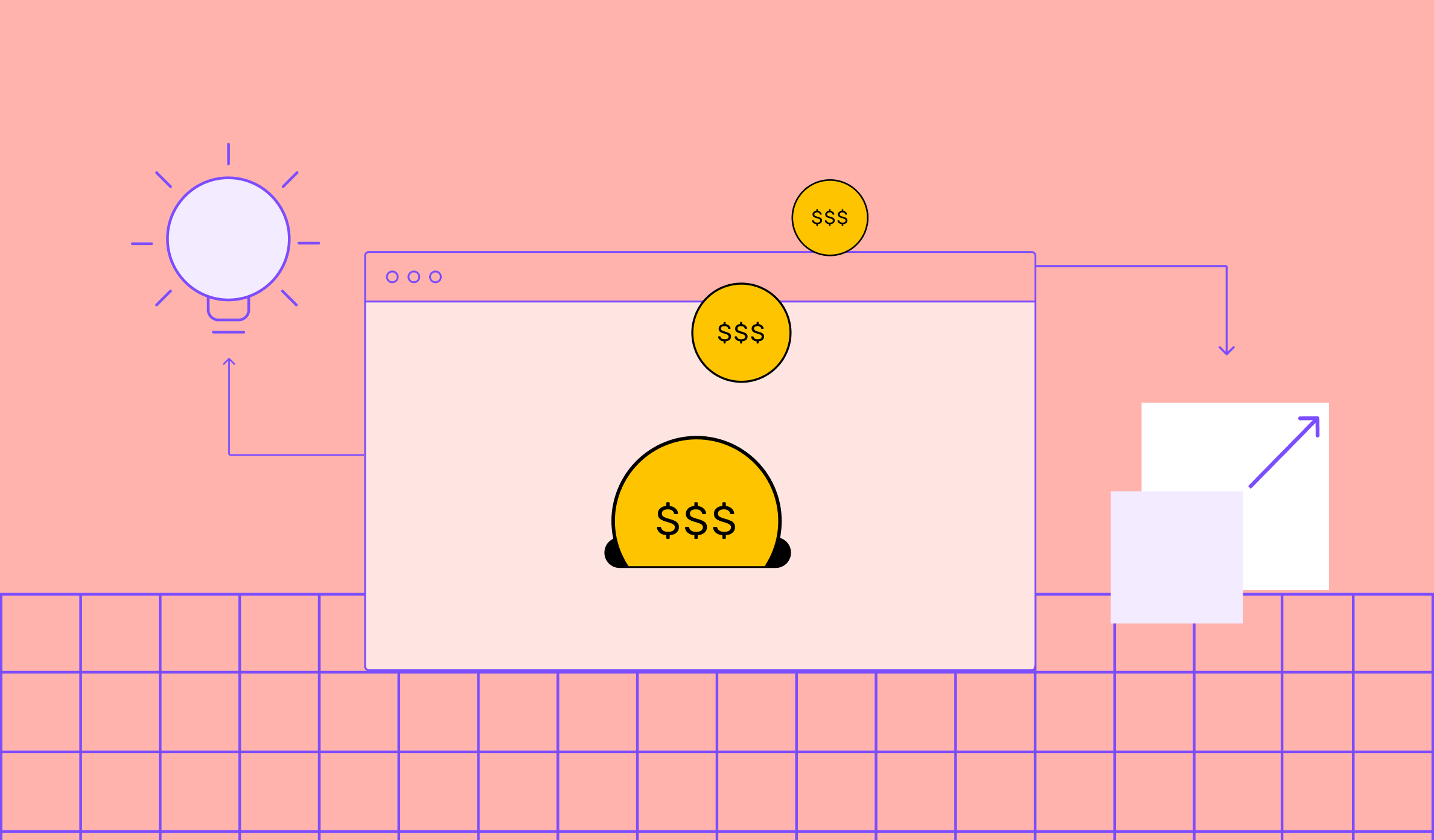 A concept of website monetisation displaying a desktop screen, $ signs and a bulb