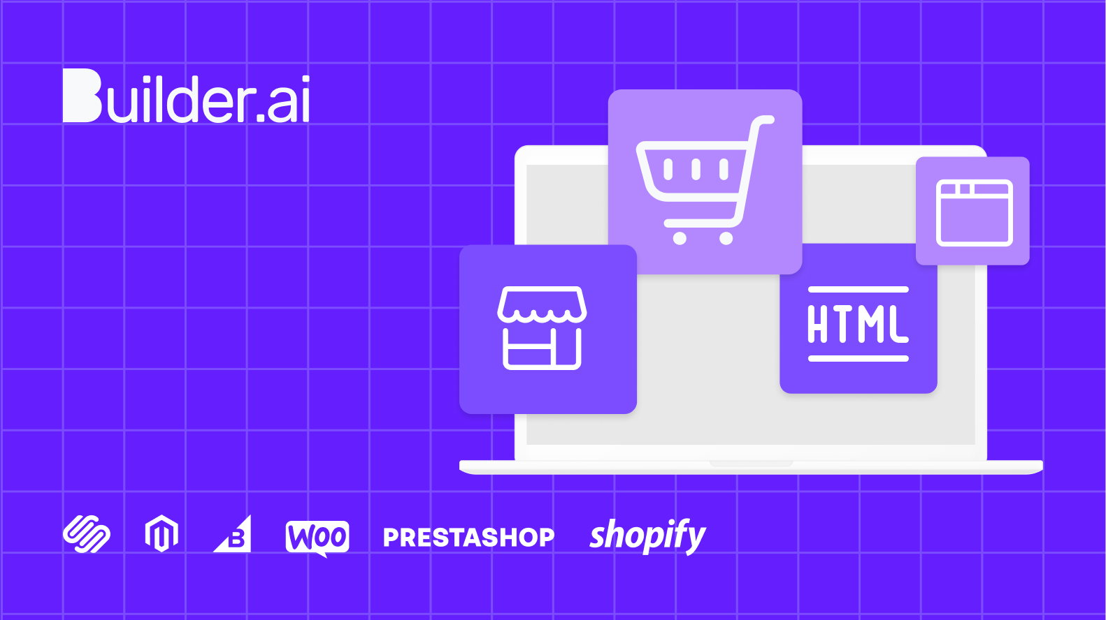 A concept of an online store depicting Wix alternatives like Builder.ai, Shopify, Prestashop, Woocommerce, Bigcommerce, Magento and Square Space