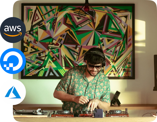 A DJ playing music having AWS, DigitalOcean and Microsoft Azure logos in the foreground