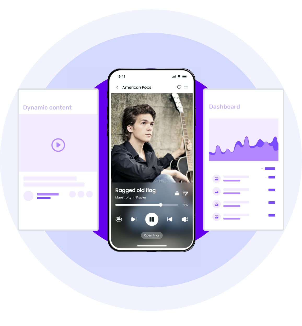 A concept of a music streaming app builder highlighting a music streaming app screen with wireframes