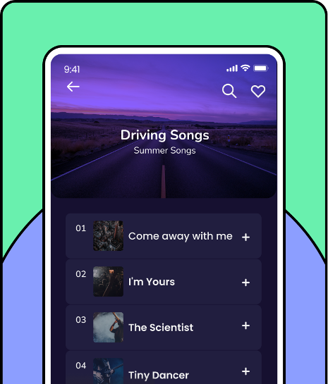 Music streaming app screen highlighting the driving song play list