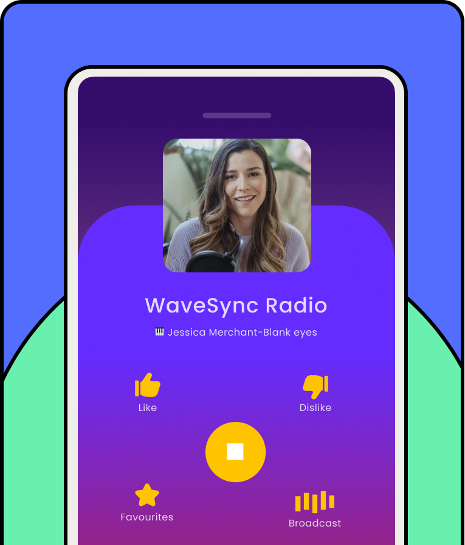 Radio station app screen highlighting WaveSync Radio